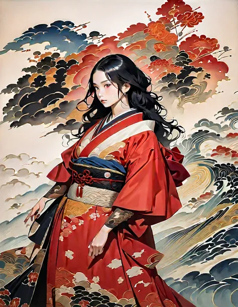 Highest quality, Katsushika Hokusai, Ink Painting,(((Beauty))), (((Long Hair))), (((fancy red kimono)))Japan, Edo Period,  (((Black Hair))), Modern anime, Delicate and precise, Modern ukiyo-e style,Ukiyo-e, Japanese painting, woodblock prints, ink painting...