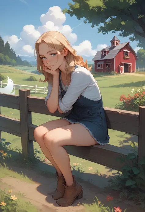 girl, sitting on a fence ,  watching the landscape, character design, farm clothes, Dark farm full of ghosts