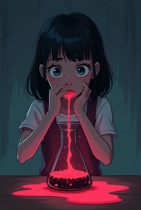 Generate an animated image of a girl ingesting poison and depressed wanting to die