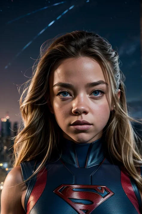 a superhero portrait of sydney sweeney, determined expression, heroic pose, star-filled night sky backdrop, cinematic, hypermusc...