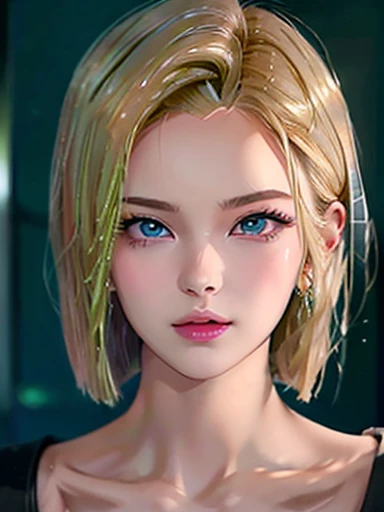 limelight,  Women((Android 18)),   short blond hair, pretty face and blue eyes pink cheeks full lips dark makeup, big tits and heavy,   looking at the spectator 