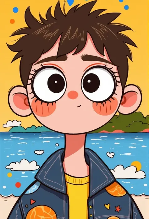 Abstract Art， Exaggerated expression， cartoon illustration of a cute boy , big eyes。Round eyes。 portrait，casual jacket
，cartoon doodle sketch :15 ， thick lines and solid color   ，