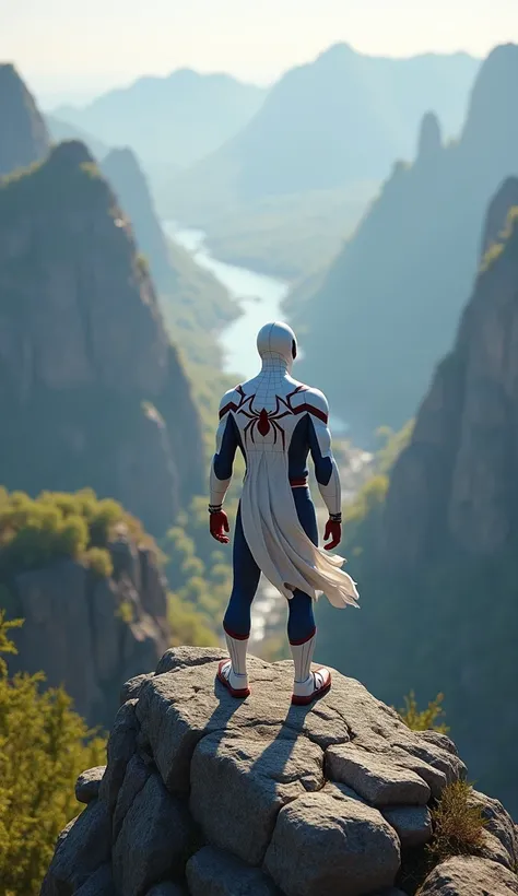  creates an ultra realistic 8k image of Spider-Man with his white costume,  it is on top of a high and rocky mountain , watching the landscape, The landscape has trees and rivers, He is in front of the camera 