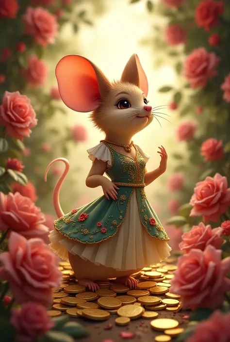 Rich and happy mouse girl, backround has lots of roses and coins