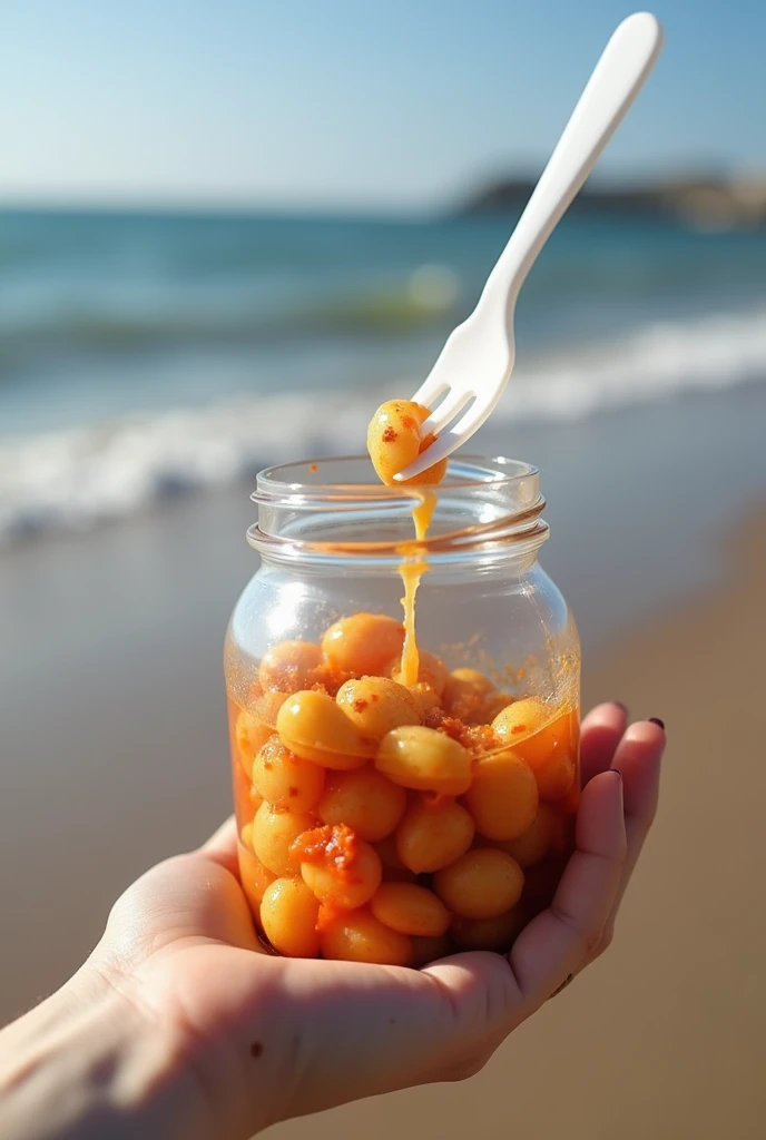 I would like an image of a person eating a gnocchi the Bolognese inside a 500ml styrofoam jar with a disposable white fork something very spontaneous on the beach with a sea background showing a very real shadow the person eating and the gnocchi must be ro...