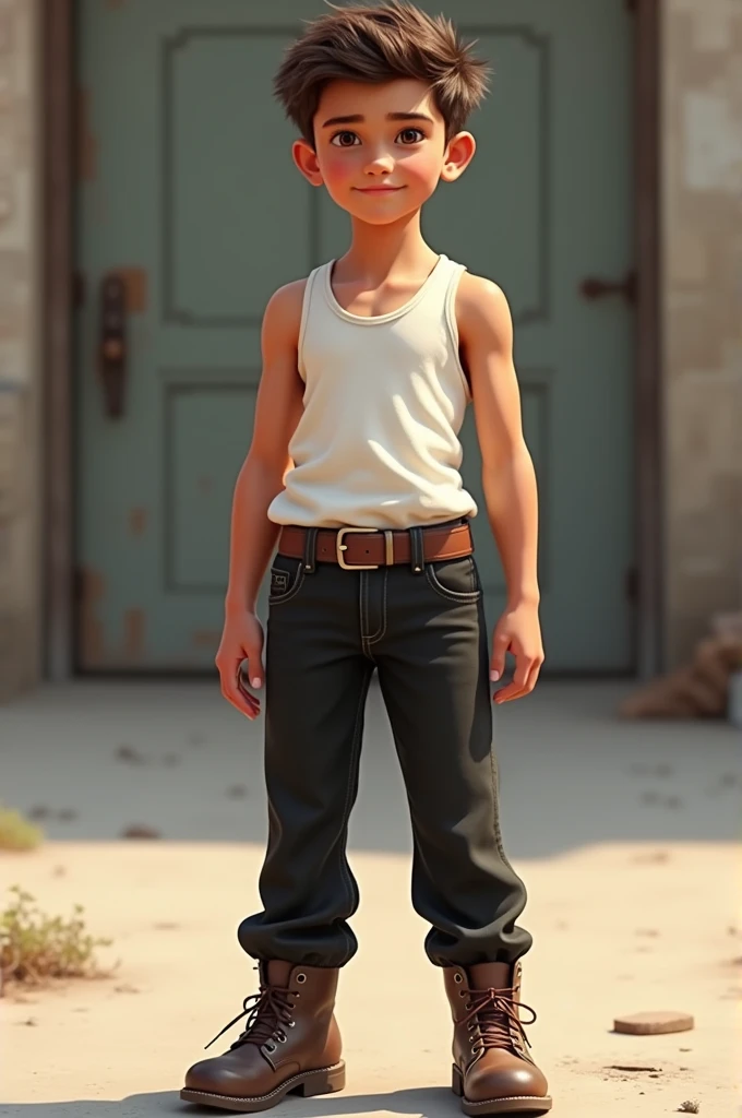 A young boy,  of serene and confident expression ,  wears a slightly fitted white tank top ,  highlighting the physical size .  He wears simple black fabric pants ,  but with a good fit ,  fastened by a dark brown leather belt ,  that brings a rustic touch...