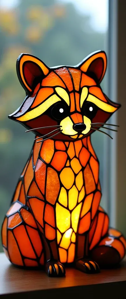 A photo of a decorative glass or stained-glass figure of a cute extra fluffy baby realistic raccoon. The raccoon is depicted in a vibrant, abstract mosaic-style design with various shades of orange, yellow, and brown tones. The body, head, and tail of the ...