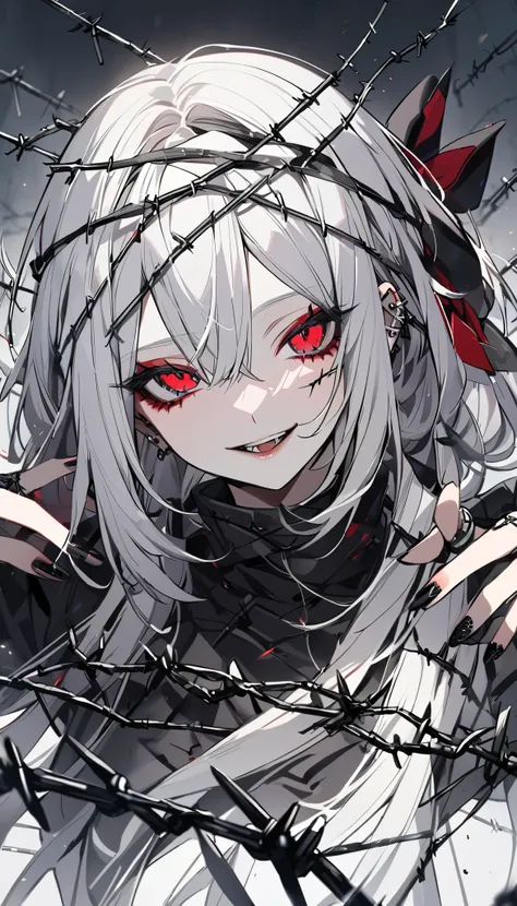 Beautiful white-haired girl with piercing red eyes, Open your lips wide and smile, Black nails, Barbed wire everywhere(Wrapped in black barbed wire)