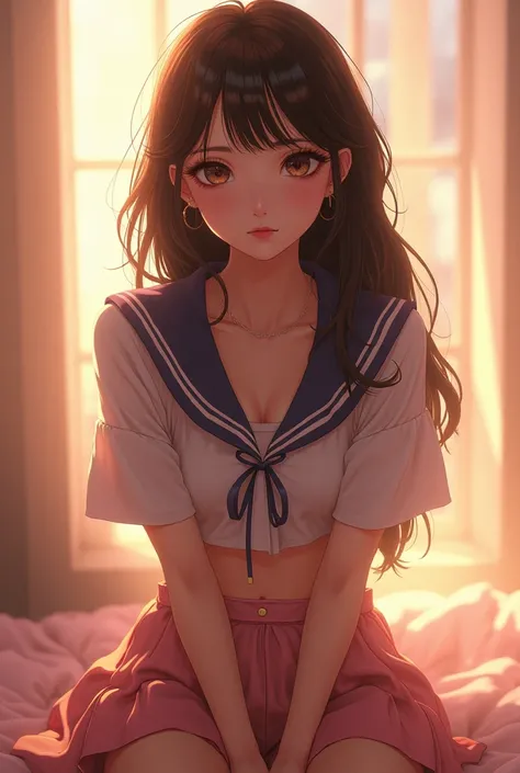 Beautiful Eyes :1.2, delicate beauty, Beautiful Eyes , Very Detailed Eyes and Face , long eyelashes , , ((Uniform, Wore a sailor suit., Crop top, I can see your belly button, Filled Mini Skirt )), sit, (( sexy pose , lust, venomous, Please show the viewers...