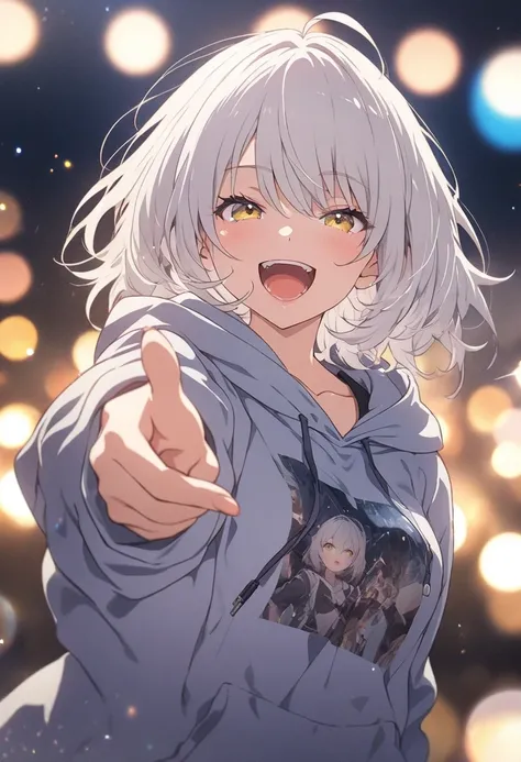 masterpiece, Best Quality,  high resolution CG Unity 8K wallpaper , High school girl anime illustration.  wearing an oversized hoodie ,  pointing finger gun gestures at the audience, Close your eyes,  with a ballpoint pen .  background is a pale pastel lan...