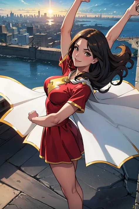 masterpiece, best quality,  mary marvel, white cape, red dress, red skirt, short sleeves, bracer, large breasts, smile, looking ...