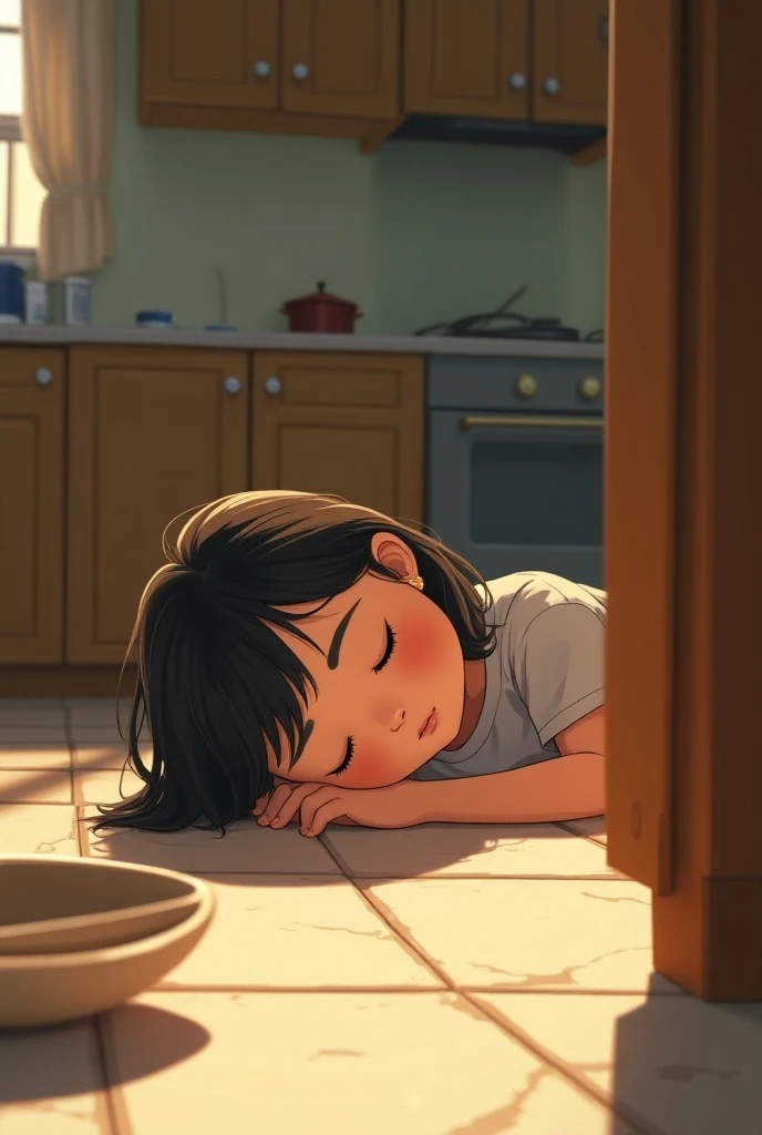 Generate an image of a girl lying on the floor fainted in 2D in the kitchen of a house