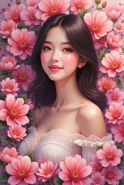 Create a pink picture and flowers all over the painting that says of Yesica nails eyelash and eyebrows 