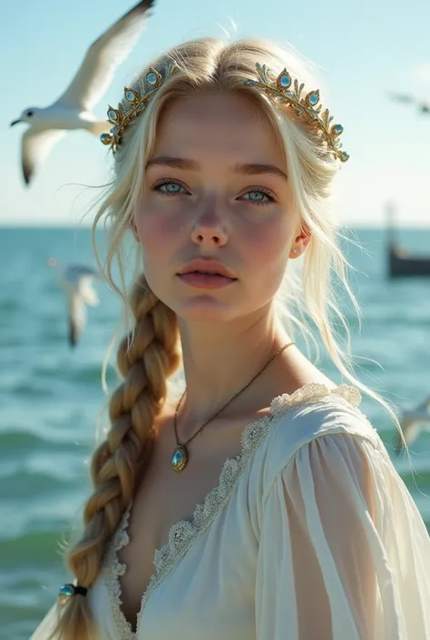  A girl came out of the sea , The Swan Princess of Russian Mythology, Beautiful and calm face,  blue eyes, Long blonde hair braided, The moon is woven into the hair at the back of the head., Old Russian shiny white clothes,  with a Kokoshnik crown on her h...