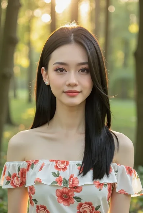 photography, modeling shoot, an Asian girl, beautiful makeup, gentle expression, black eyes, beautiful eyes, black hair, long straight hair, flowery sundress, standing in the woods, beautiful face, ray of sunlight, vibrant lighting, high-key lighting, lens...