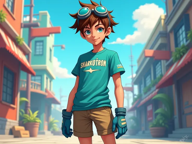 Nicholas Michael Roth, Turquoise Sharkotron T-Shirt, Brown Shorts, Gray Goggles, Blue Shoes, anime, teengae boy, 2d, hair brown, blue eyes, full body, tall,