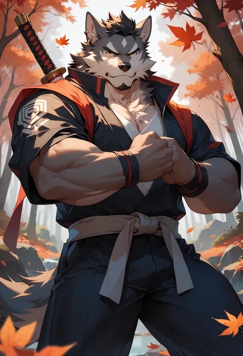furry, furry male,male focus, tail, 1 boy (:2.1), wolf, hairy wolf, short hair, man, muscular, black hair, black skin, samurai suit, earrings, in a maple leaf forest, muscular adult male, smooth (:1.5), serious gaze (:1.6), attacking stance,Holding a Japan...