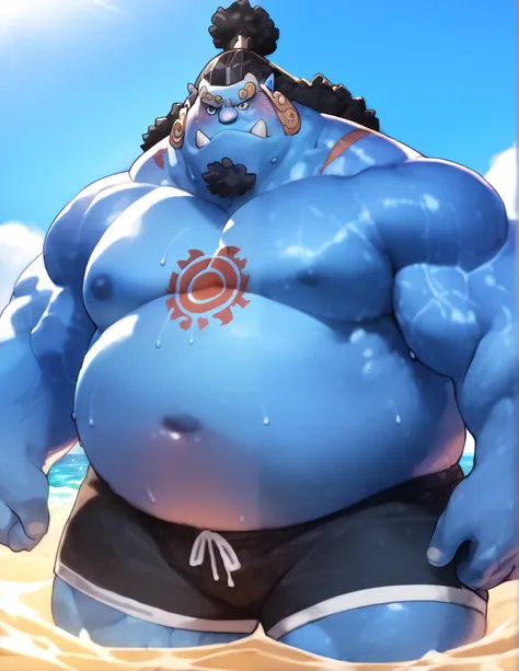 solo, 1boy, Muscular ,jinbe, blue skin, shorts, beach, wide shoulder, thick arms, (chubby, belly), wide pectoral, massive muscle, beach, short hair:1.2, detailed eyes, focus eyes, sweat, shirtless, masterpiece, semirealistic:1.2, high detailed, 8k, high re...