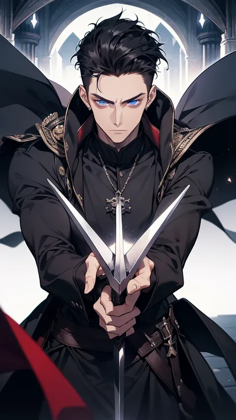 Swordsman,The mysterious man ,Short black hair((Quiff hairstyles)) , blue eyes ,Reach out,30 years old,Handsome appearance, has muscles,  black clothes  ,, a black long veil((Covers the whole body)) ,Medieval anime style , Holding a red longsword 