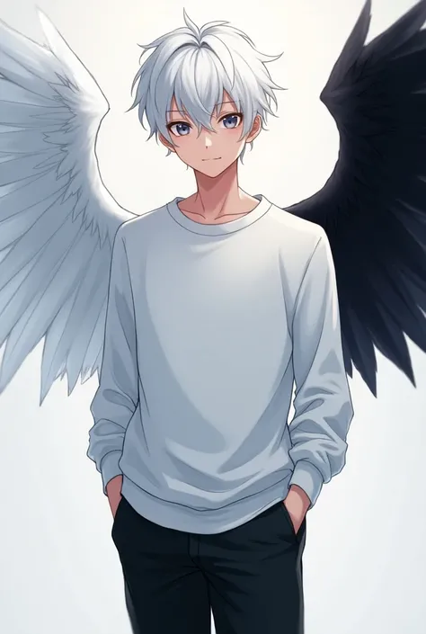  Very cute 18-year-old white-haired boy,  with white sweatshirt and black pants , grey eyes,  and a white wing and a black wing , Let him be tall and handsome , of anime