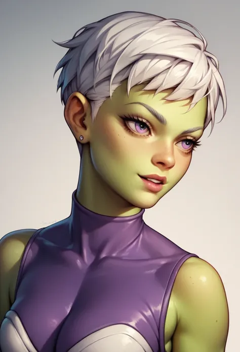 Cheelai , green skin , short white hair , purple bodysuit 