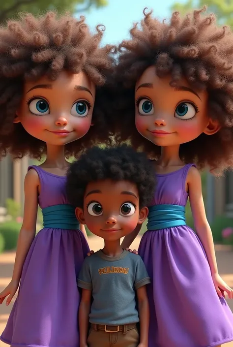 A pair of  twins ,   with blue eyes and a black-eyed boy ,  in a purple dress with blue bands around the waist,  both brown-haired and frizzy 