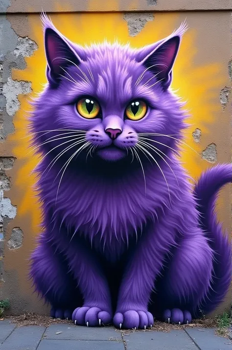 Un chat violet touffu dessinez en tague sur un mur 