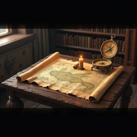  an ancient nautical chart placed on a table, with a compass , a compas 