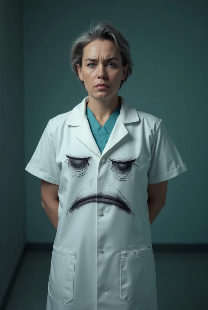 Sad face on doctors gown