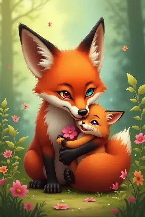 One red, yellow and turquoise eyed father fox, and a red, purple eyed kitten. Draw the father fox licking the kitten 