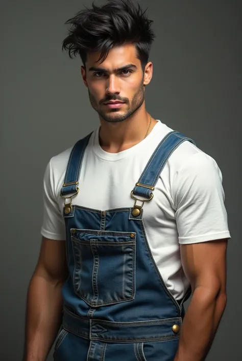 Handsome young man,with clothes mechanic .
 white t-shirt and blue monkey (((Clean face, messy black hair )))