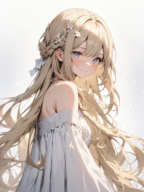 (Bestquality, Masterpiece), (An elegant girl , 1girl , solo, "White Dress", off-the-shoulder , Standing , Looking At The Audience, ( "Gradient blonde hair", Very  Long-haired," France Braid " , flower on hair ) , Gradient Silver Eyes , Closed Mouth , Smile...