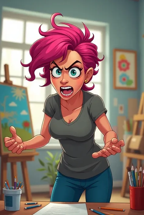 Illustration teacher with pink hair shocked and annoyed