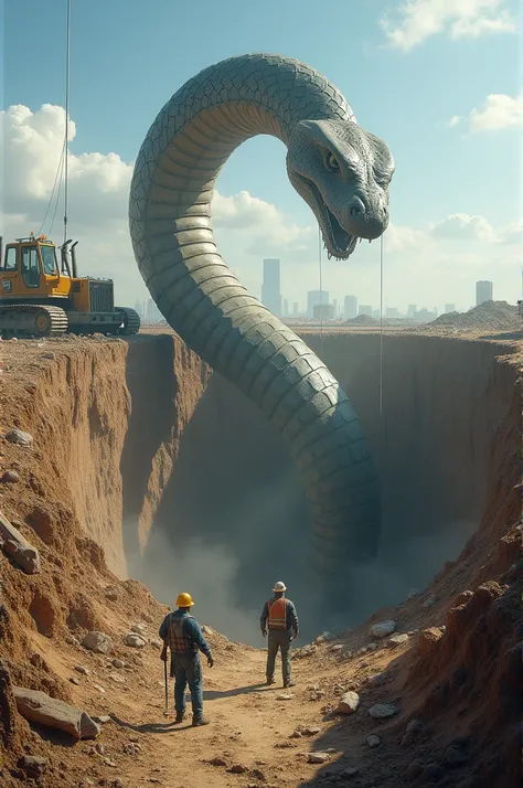 "A construction site with a large excavation pit, where a giant snake is emerging slowly. An excavator stands nearby, its arm carefully lifting part of the snake’s body from the pit. Workers stand at a safe distance, watching in awe and slight fear, with c...