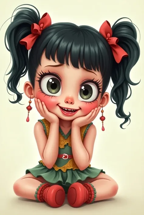  A comic style cartoon of Cry Baby ,  inspired by the music video Pacify Her by Melanie Martinez.  She has a playful smile on her face ,  with her hands resting on her cheeks in a 3 /4 from the waist up .  The character looks like a doll , with pigtails,  ...