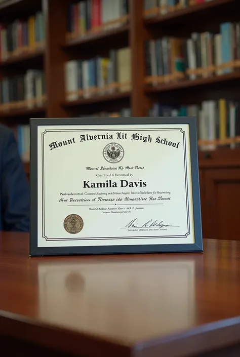 Certificate on a table for Math highest grade name of student: Kamila Davis signed by Mrs K.Whyne (the principal and Mount Alvernia High School (in Jamaica) as the title of where the certificate is from (make it look real)