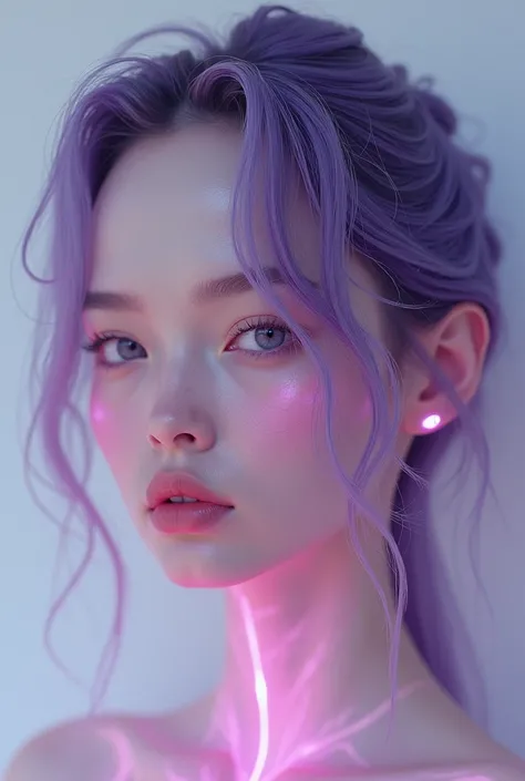 An alien woman with pastel pink skin, dark purple hair and black eyes.