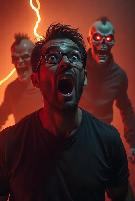 "A dramatic and intense YouTube thumbnail featuring a shocked man in glasses  In the background, a terrifying monster with sharp teeth and glowing red eyes is on one side, while on the other side, a sinister humanoid figure with a skull-like face and glowi...