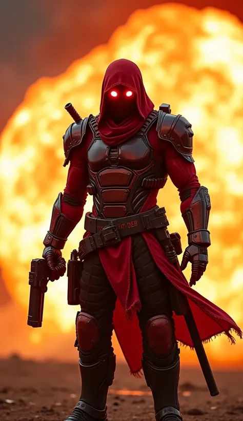 A rugged anti-hero figure wearing a red and black armored outfit, holding a katana and a pistol, standing in front of a massive explosion that illuminates his suit with a fiery glow. The character’s pose is dynamic, as if caught in the middle of an intense...