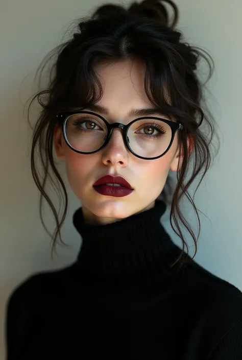  Beautiful girl with tan skin, slightly disheveled black hair ,  she wears glasses and lipstick close to the color wine ,  she is quite thin and very unvoluptuous , She wears a black sweater 