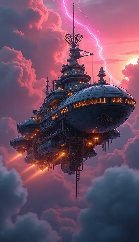 illustration, elegant, ornate, luxurious, creepy futuristic Classic and nostalgic retro illustration of a steampunk spaceship sailing in a radioactive atmosphere in neon color.