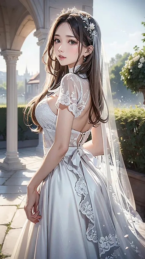 (masterpiece, best quality, beautiful and aesthetic:1.3), looking at viewer, 1girl, solo, light smile, (makeup, long hair, light beige hair, blue eyes:1.2), Octane Render, bridal veil, lace-trimmed dress, see-through, wedding dress, outdoors, white roses, ...