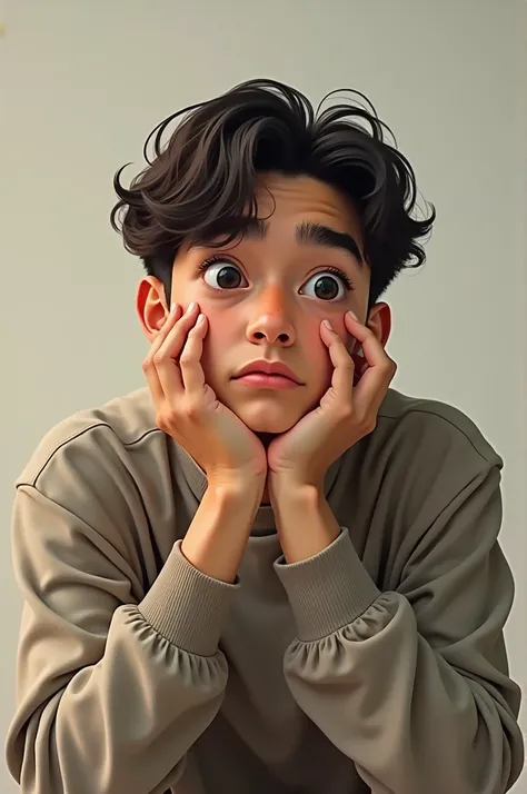 A young man is thinking with his hands between his mouth