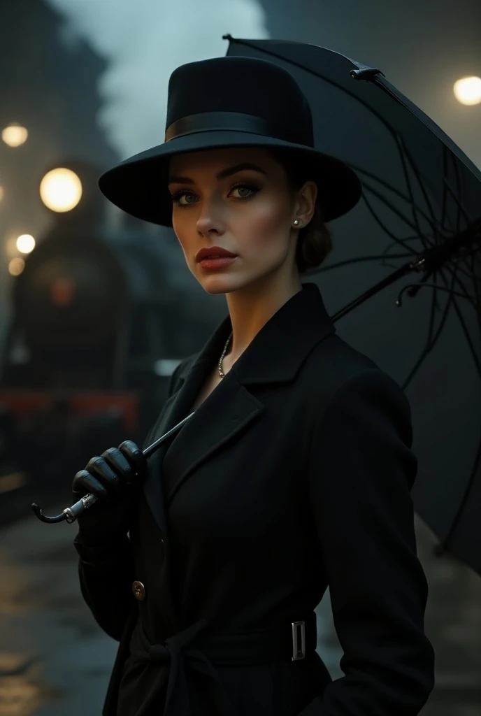 a high quality professional photo of a beautiful lady with 60s fashion style, black coat, big hat, under the big black umbrella that she hold, at the train station with an old train and steam engine smoke. The background features dim light, focusing on the...