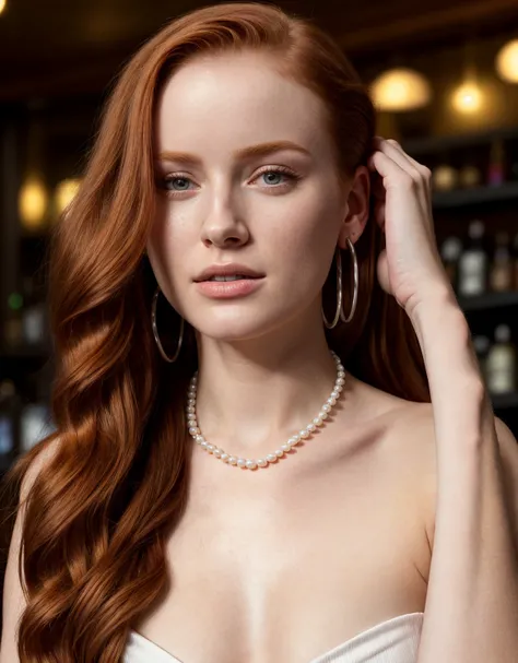 (full body) full-length shot of Madelaine Petsch, beautiful woman sitting in bar hair up hair up sweep nightclub (full body: 1.3), wearing pearl necklace, lots of oil on body, head arched back in pleasure, slutty, orgasmic expression, wearing hoop earrings...