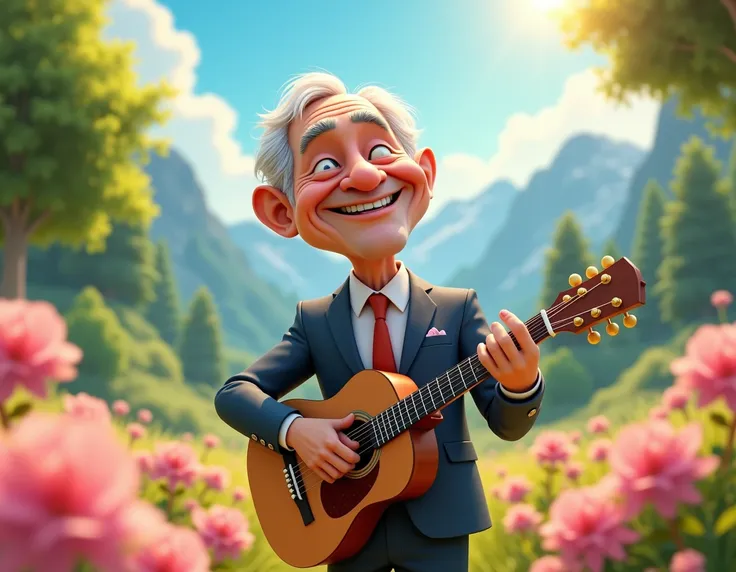 Stylized cartoon rendering, elderly man in suit playing guitar, joyful expression, vibrant nature background, lush green trees, blue sky with fluffy clouds, field of pink flowers, mountain scenery, sunlit scene, exaggerated proportions, caricature style, d...