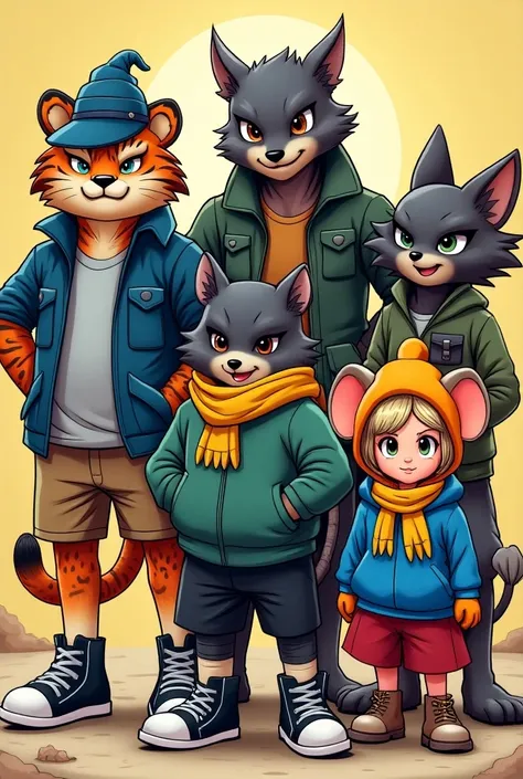  A comic-style cover featuring a(( Anthropomorphic tiger Mobian proud , wearing a blue wool hat ,  blue military jacket , grey t-shirt,  brown shorts ,  black sneakers),((  an evil anthropomorphic Mobian wolf with a green bomber jacket , yellow scarf , gre...