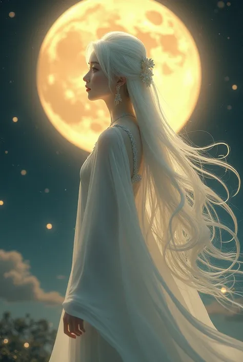 A Chinese Girl with white long hair and Yellow Moon (whole body is seen)