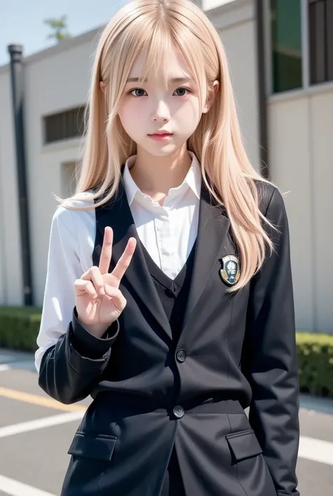 1 girl, solo, SHN realistic, blonde hair, school uniform,perfect face, pretty face,  make a v sign with both hands