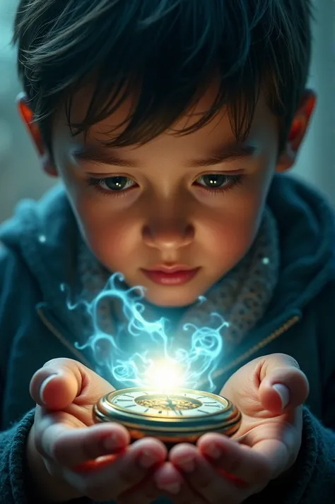 A close-up of a boy turning the mystical pocket watch in his hands, with a swirl of light beginning to form around it.&quot;